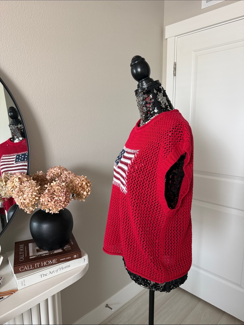 Thread & Supply Red Crochet Knit Top with American Flag Patch - Picture 2 of 6